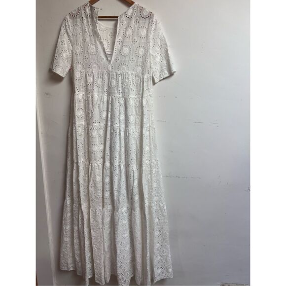 STAUD Women's White Hyacinth Eyelet Tiered Short Sleeve Maxi Dress Medium NWOT - Picture 9 of 12
